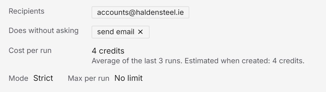 Who the agent may email, what it does without asking, its cost and its mode.