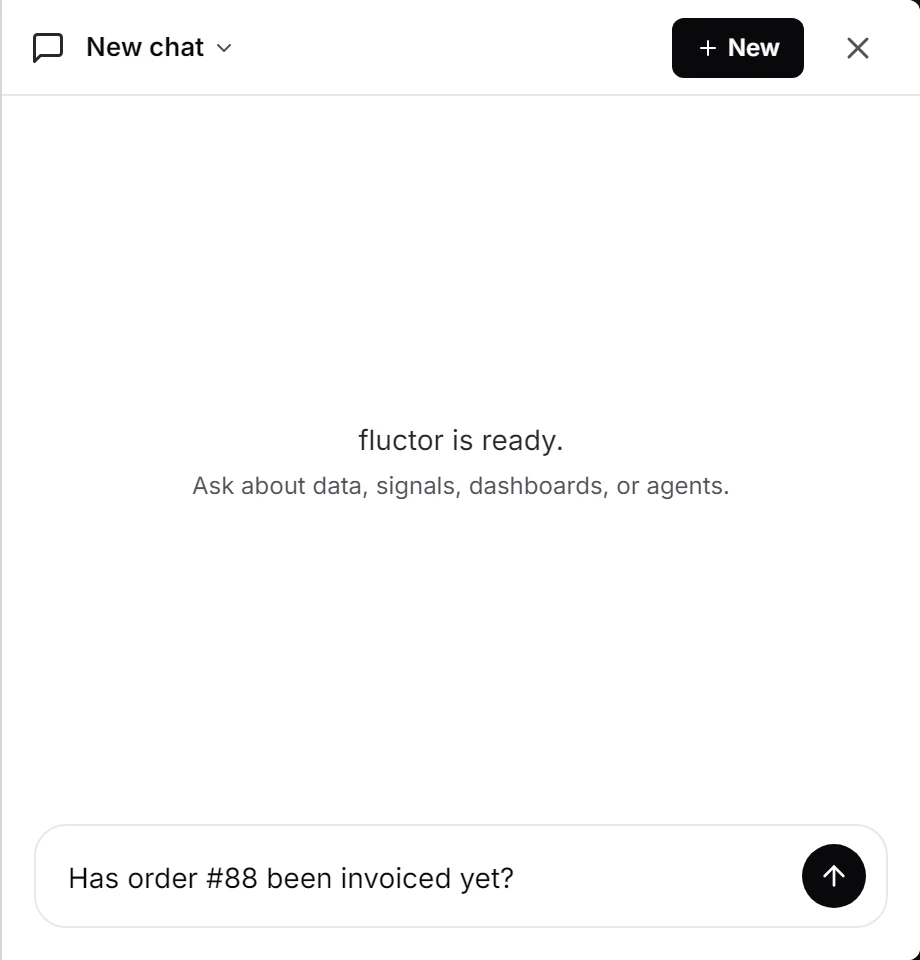 The chat with the question “Has order #88 been invoiced yet?” typed in the input box, ready to send.