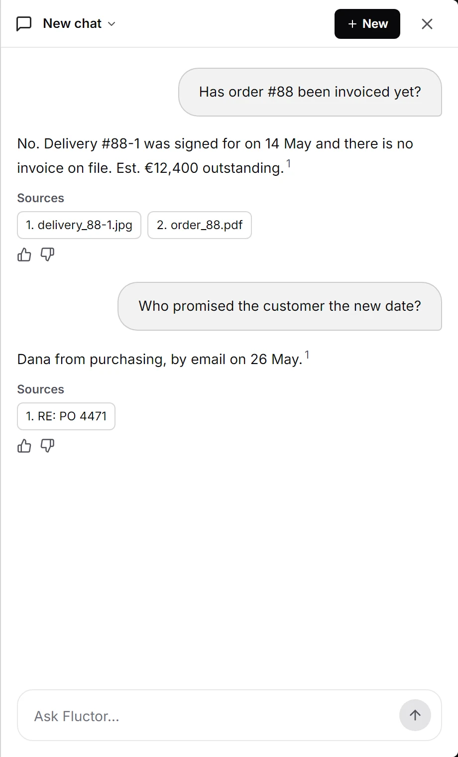 The chat with two questions: the second answer names Dana from purchasing and cites the email RE: PO 4471.
