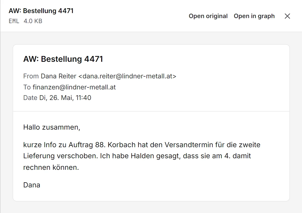Die E-Mail „AW: Bestellung 4471“ von Dana Reiter vom 26. Mai, geöffnet aus der Antwort, die sie nennt.