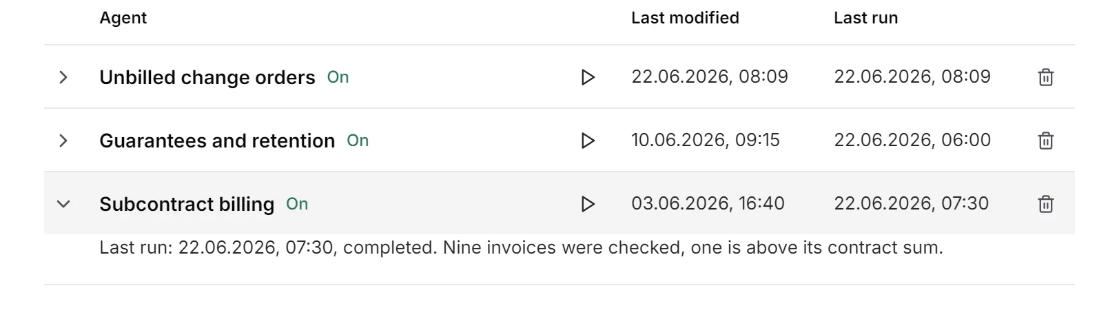 The agent “Subcontract billing” opened in the agent list: last run 22.06.2026, 07:30. Nine invoices were checked, one is above its contract sum.