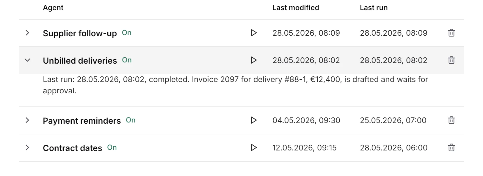 The agent “Unbilled deliveries” opened in the agent list: last run 28.05.2026, 08:02. Invoice 2097 for delivery #88-1, €12,400, is drafted and waits for approval.