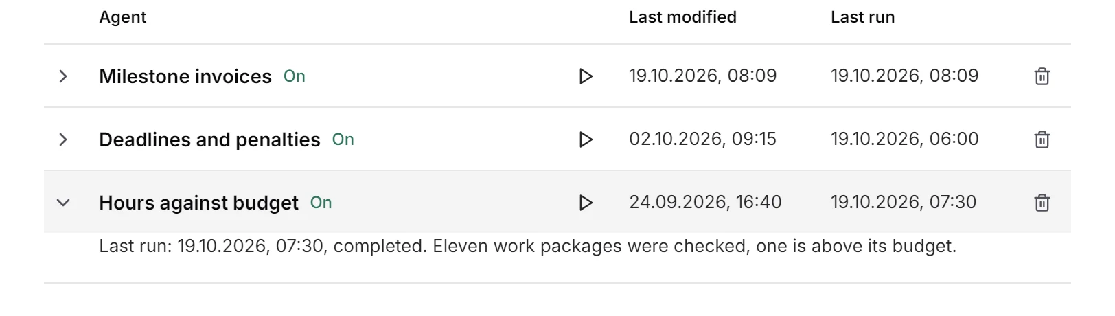 The agent “Hours against budget” opened in the agent list: last run 19.10.2026, 07:30. Eleven work packages were checked, one is above its budget.
