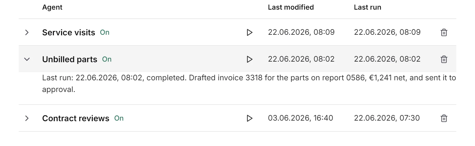 The agent “Unbilled parts” opened in the agent list: last run 22.06.2026, 08:02. Drafted invoice 3318 for the parts on report 0586, €1,241 net, and sent it to approval.